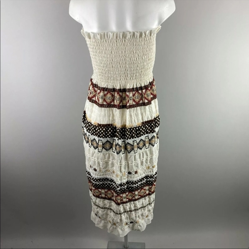 Vtg 70s Brown Tan White Dot Lace Ruffle Smocked Strapless Dress Boho S/M/L - Picture 5 of 5